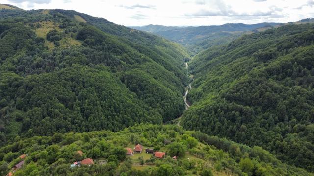 Vedere aeriană peste valea împădurită din jurul satului Glosuri